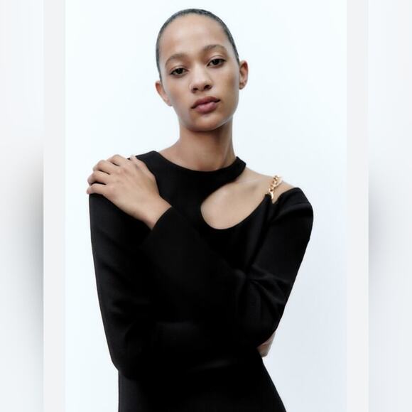 Zara Black Cut Out Gold Chain Mini Dress Size S - Picture 10 of 11